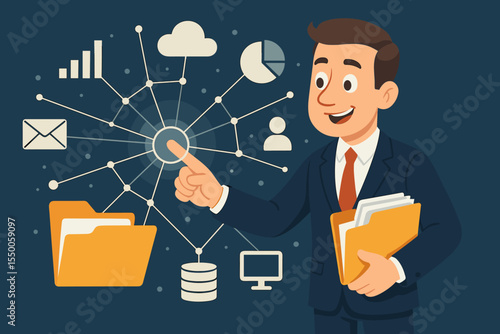 Cartoon businessman managing data network, digital file sharing and cloud computing, document folder, analytics, communication technology concept, office workflow, data storage vector illustration