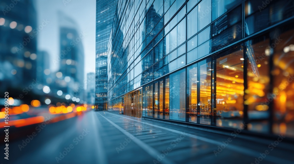 Obraz premium Bright city lights illuminate a sleek building facade on a bustling street. The reflections in glass create a lively urban atmosphere as evening settles.