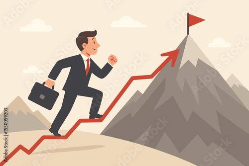 Businessman climbing success path, red arrow rising to mountain peak, goal achievement, business growth, ambition, leadership, motivation, vector illustration, reaching target, career progress