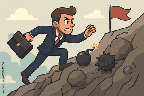 Businessman climbing mountain facing obstacles and dangers, overcoming challenges, perseverance, risk, ambition, business success, cartoon vector illustration, career achievement, leadership