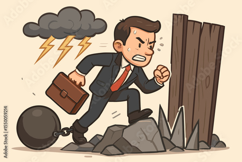 Businessman overcoming adversity, challenges and obstacles, cartoon vector. Determined man in suit with briefcase, chained to ball, facing storm, spikes, wooden barrier. Perseverance, success metaphor