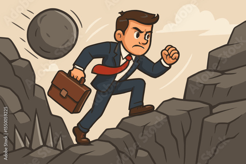 Determined businessman escaping falling boulder, climbing rocky mountain, overcoming obstacles, perseverance, stress at work, career challenge, business crisis concept, vector cartoon illustration