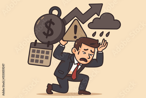 Overwhelmed businessman carrying a heavy financial burden with a dollar weight, deadline calendar, risk warning sign, upward trend arrow and dark rain cloud. Stress burnout crisis.