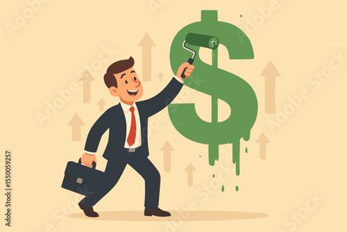 Businessman painting giant dollar symbol with paint roller, symbolizing financial growth, profit, economic success, wealth management, investment, business prosperity, revenue increase, cartoon vector