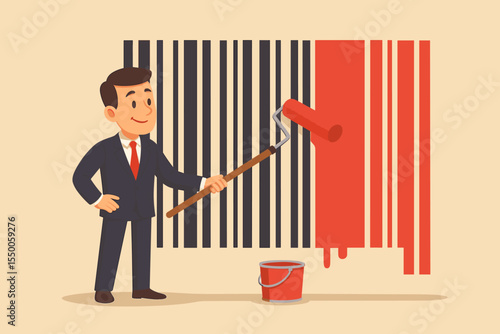 Businessman Painting Barcode With Red Color Roller, Rebranding Concept, Marketing Strategy, Fresh Company Image, Creative Brand Transformation, Cartoon Vector Illustration, No Text