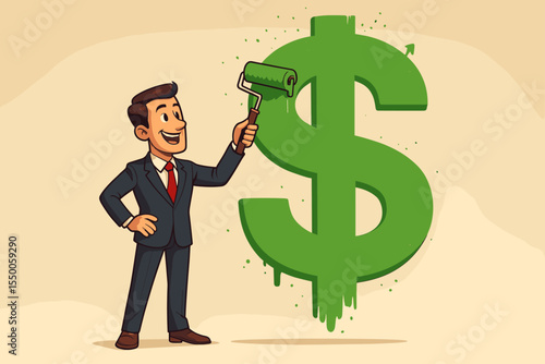 Businessman painting large green dollar symbol with paint roller, symbolizing profit growth, financial success, wealth creation, investment, economic development, commerce, banking, business strategy