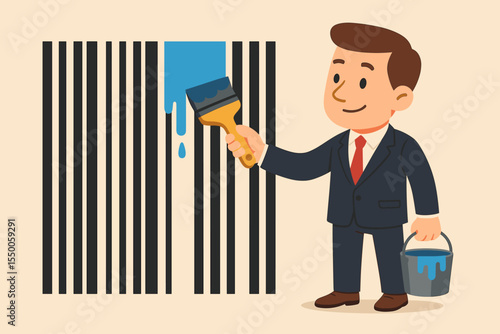 Businessman painting barcode with fresh color. Rebranding concept, marketing innovation, company image makeover. Creative strategy, business transformation, renewal, vector illustration, no text