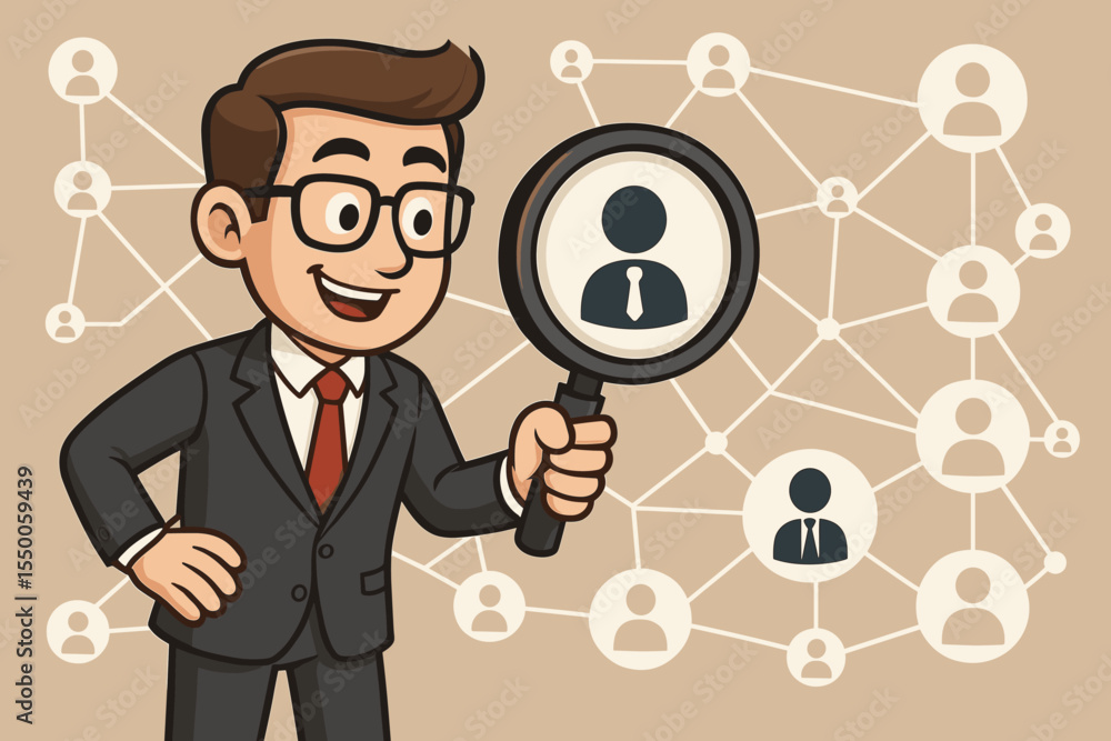 Businessman Cartoon Vector with Magnifying Glass Analyzing Social Network Connections for Recruitment, Human Resources, Team Building, Employee Search, Networking and Talent Acquisition Concept Businessman Cartoon Vector with Magnifying Glass Analyzing Social Network Connections for Recruitment, Human Resources, Team Building, Employee Search, Networking and Talent Acquisition Concept