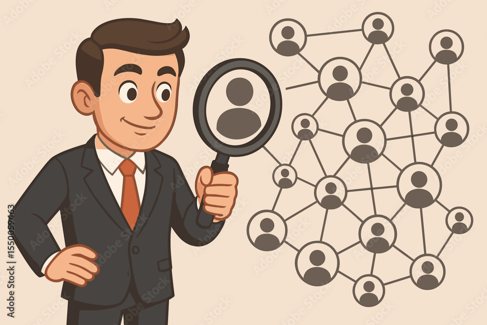 Businessman holding magnifying glass analyzing social network connections, recruitment search, candidate selection, human resources management, employee hiring, headhunter concept, cartoon vector Businessman holding magnifying glass analyzing social network connections, recruitment search, candidate selection, human resources management, employee hiring, headhunter concept, cartoon vector