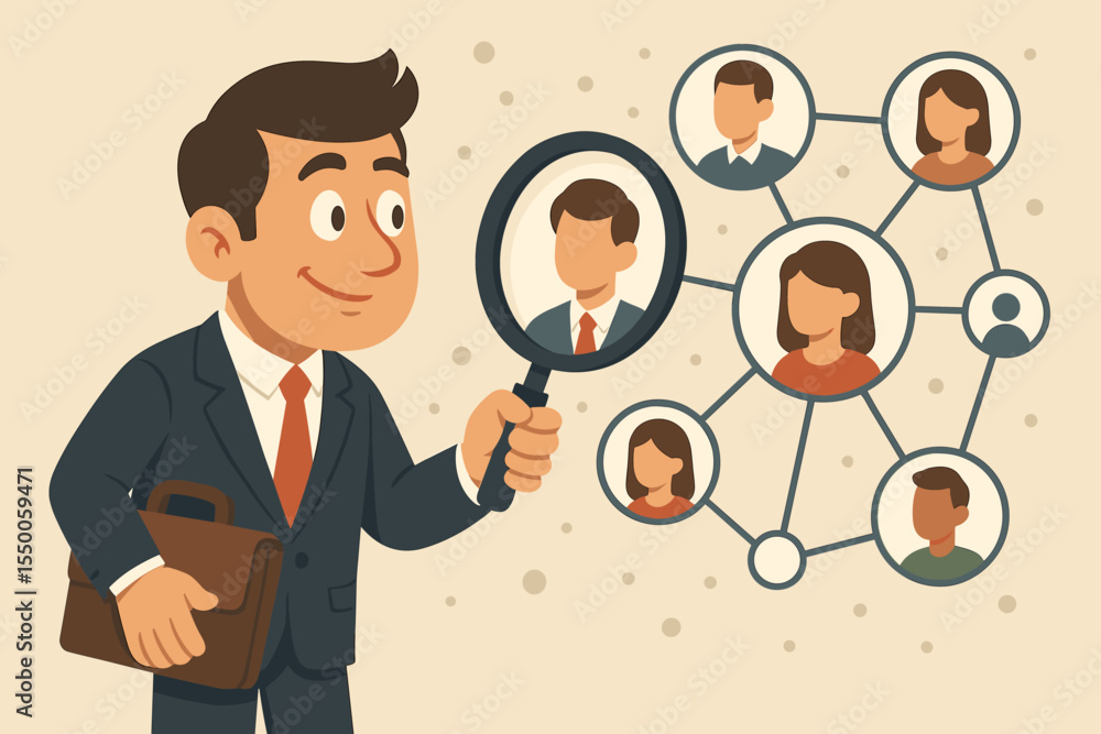 Businessman analyzing employee network with magnifying glass. Cartoon vector concept for recruitment, human resources, job search, staff selection, candidate evaluation, business team management Businessman analyzing employee network with magnifying glass. Cartoon vector concept for recruitment, human resources, job search, staff selection, candidate evaluation, business team management