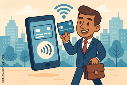 Businessman making contactless payment with credit card and smartphone, city WiFi connectivity, seamless financial transaction, urban mobile banking, wireless cashless commerce, vector illustration