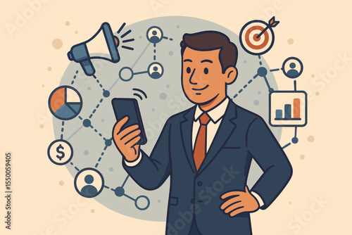 Businessman with smartphone analyzing digital marketing strategy, network connections, social media, financial growth, data analytics, business communication. Vector illustration concept