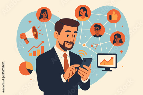 Businessman Using Smartphone for Digital Marketing, Social Media Networking, Customer Analysis, Online Communication, Growth Charts, Vector Illustration, Business Strategy Concept Art