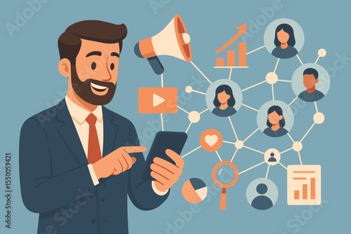 Businessman using smartphone for digital marketing strategy, customer network analysis, social media management, online advertising, data analytics, vector cartoon illustration concept