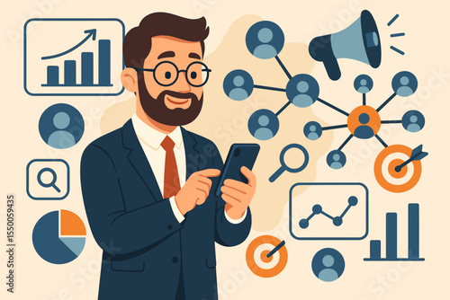 Businessman using smartphone for digital marketing strategy, social media management, customer network analysis, data analytics, target audience research, communication, vector illustration