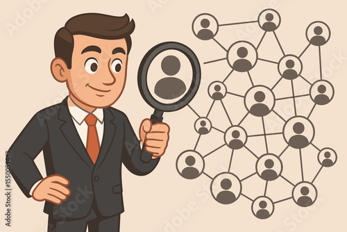 Businessman holding magnifying glass analyzing social network connections, recruitment search, candidate selection, human resources management, employee hiring, headhunter concept, cartoon vector