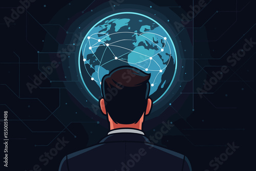 Businessman viewing a global network on a world map hologram. Futuristic technology, data visualization, and international business concept. Globalization and connectivity vector.