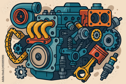 Colorful car engine parts vector. Cutaway mechanical motor with gears, pistons, turbo, spark plug, chain. Industrial automotive engineering, machinery innovation concept cartoon illustration