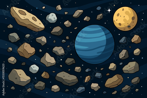Asteroid Belt and Celestial Bodies in Deep Space. Cartoon Vector Illustration of Floating Asteroids, Planets, Moon, Starry Night Sky. Outer Space Science, Cosmic Debris, Astronomy Concept Art