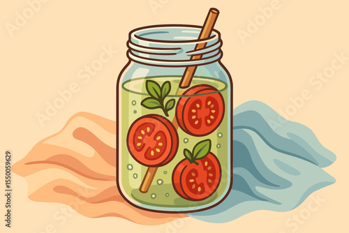 Refreshing tomato detox water in mason jar with straw, fresh basil leaves, and floating tomato slices on pastel fabric background. Healthy summer beverage vector illustration. Nutrition, drink concept