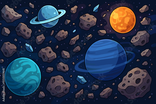 Cartoon asteroid belt with colorful planets, asteroids, cosmic debris, and ringed gas giants floating in deep space. Vector illustration of solar system, outer space adventure, astronomy background