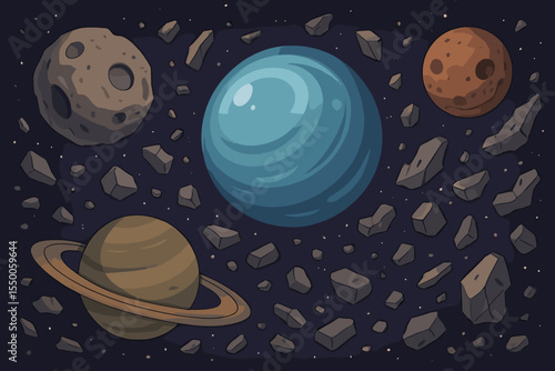 Outer Space Vector Illustration with Cartoon Planets, Asteroids, Cosmic Debris, Starfield, Saturn Rings, Colorful Celestial Bodies, Solar System, Science, Astronomy, Space Exploration Background