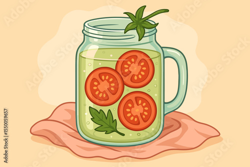 Refreshing Detox Tomato Water in Mason Jar with Herb, Tomato Slices and Soft Pastel Fabric, Healthy Beverage, Summer Drink, Fresh Vegetable Infused Water, Vector Cartoon Illustration