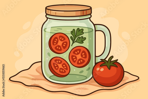 Refreshing Tomato Infused Water in Mason Jar with Herb, Whole Tomato on Soft Pastel Cloth, Healthy Detox Drink, Fresh Vegetable Beverage, Cartoon Vector Illustration, Vegan Nutrition Concept