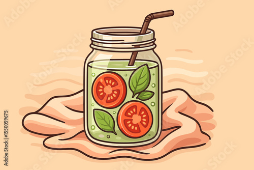 Refreshing Tomato Infused Detox Water in Mason Jar with Basil Leaves, Straw, and Soft Pastel Cloth Background. Healthy Summer Beverage Concept. Vibrant Vector Cartoon Illustration