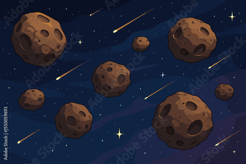 Cartoon Asteroids and Meteorites Flying Through Deep Outer Space Background. Vector Illustration of Rocky Space Objects, Starfield, Shooting Stars, Cosmic Meteors, Astronomy, Sci-Fi Universe Scene