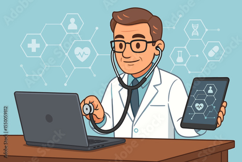 Cartoon doctor using stethoscope with laptop and tablet, virtual healthcare network, telemedicine technology, digital medical consultation, online health diagnosis illustration