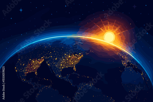 Glowing Earth at Night from Space with Bright City Lights, Colorful Sunrise Horizon, Starry Sky, Atmospheric Vector Illustration, Global Energy, Urban Civilization, Astronomy Concept