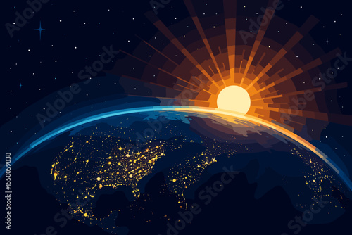 Planet Earth from Space at Night with Illuminated City Lights and Glowing Sunrise Horizon, Vibrant Sun Rays, Starry Sky, Cosmic Vector Landscape, Astronomy, Global View Concept Illustration