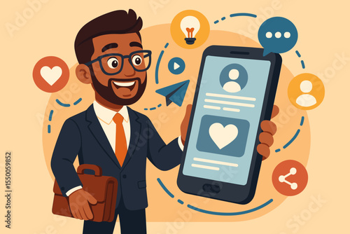 Smiling businessman using mobile smartphone for social media marketing, digital networking, online communication, business connections, creative content sharing, cartoon vector illustration