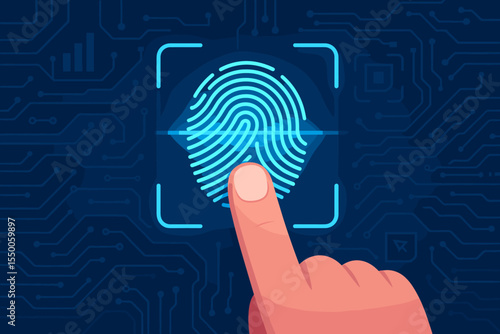 Fingerprint scanning identity verification system concept. Biometric authentication on futuristic cyber circuit board background. Vector cartoon of digital access control interface.
