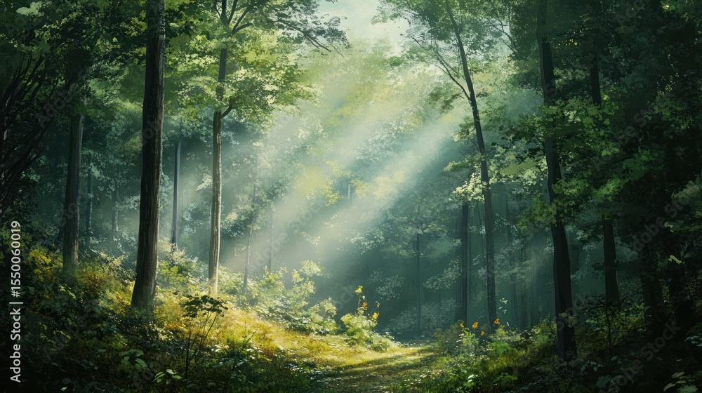 Obraz premium Sunlight streams through a lush forest path
