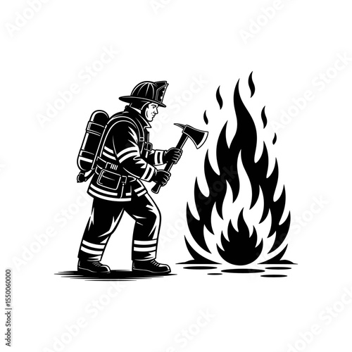 Firefighter's Resolve: A determined firefighter stands before a roaring blaze with unwavering resolve, brandishing an axe as a symbol of courage and readiness. The scene speaks of dedication. 