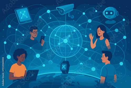 Global futuristic technology network connecting people, smart devices, artificial intelligence, data sharing, security, IoT, social media, communication, digital integration vector illustration