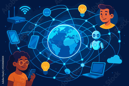Global digital network connecting people, smart devices, artificial intelligence, internet of things, robot, wireless technology, innovation, communication, futuristic technology vector illustration