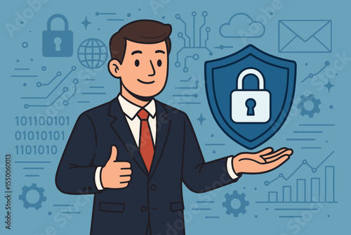 Businessman Presenting Data Protection and Cyber Security Concept, Shield with Padlock Icon, Digital Privacy, GDPR Compliance, Information Security, Cartoon Vector Illustration, Technology Background