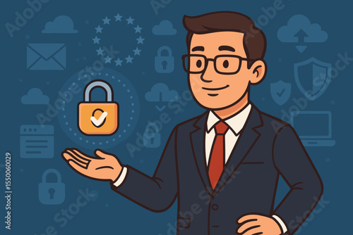 GDPR data protection compliance, cybersecurity concept, businessman in suit holding padlock with check mark icon, privacy policy, secure online information, vector cartoon illustration