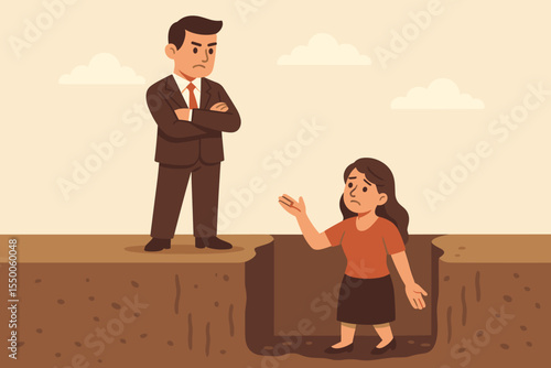 Gender discrimination metaphor, male privilege vs female disadvantage, business inequality, man standing above woman in pit, unfair treatment concept, career obstacle, workplace cartoon illustration
