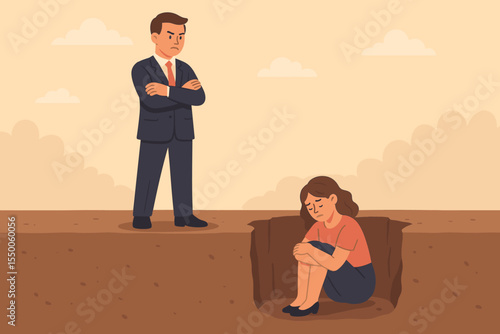 Gender discrimination metaphor. Businessman standing confidently above pit while woman sits trapped, symbolizing workplace inequality, glass ceiling, power imbalance, unfair treatment, career barriers