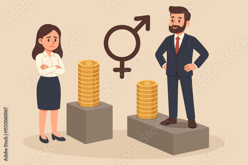 Gender pay gap wage inequality discrimination concept, businesswoman and businessman salary difference, unfair income comparison, financial disparity, workplace sexism vector illustration