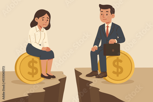Gender Wage Gap Inequality Concept. Businessman and Businesswoman on Money Coins Separated by Cliff. Gender Discrimination, Income Disparity, Equal Pay Issue, Workplace Diversity Vector Illustration