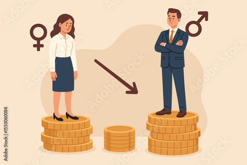 Gender pay gap concept vector illustration. Woman and man standing on stacks of coins. Salary inequality, discrimination, income gap, workplace diversity, unequal opportunity, career disparity