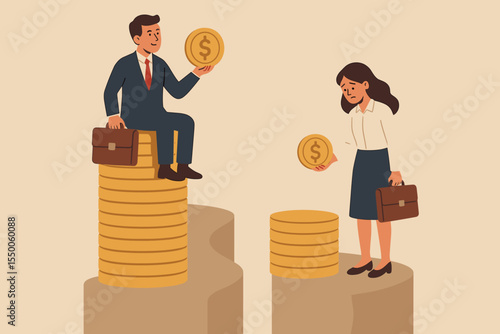 Gender pay gap inequality concept. Businessman and businesswoman with briefcases stand on unequal coin stacks symbolizing wage disparity, workplace discrimination, salary gap, financial inequality