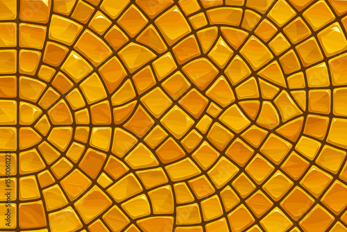 Radiant golden mosaic glass tiles seamless background. Intricate abstract geometric pattern. Shiny yellow stained glass effect. Decorative vector illustration for interiors, design, tiles, art