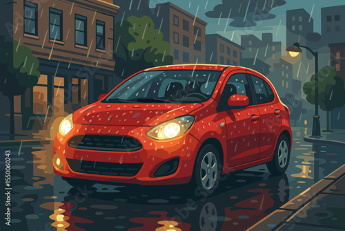 Red compact car with glowing headlights on rainy urban street at night, wet asphalt reflections, city buildings, streetlamp, cartoon vector illustration, transportation, modern city rain scene