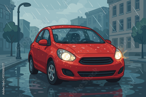 Red compact car with glistening headlights in rainy city street, wet asphalt, urban buildings, stormy weather, puddles, illuminated headlamps, vector cartoon transportation concept illustration